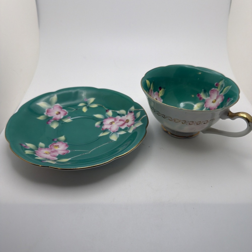 Vintage Merit Occupied Japan Cup & Saucer Green Floral Teacup
